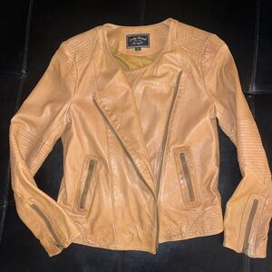 Lucky Brand Camel Biker Leather Jacket, size medium.